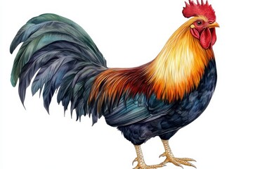 Fototapeta premium Colorful rooster standing proudly with vibrant plumage in a detailed illustration