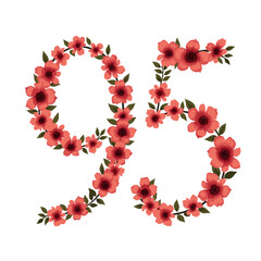 Floral ninety five numeric formed with delicate red flower and verdant green leaves, celebrating a special age or anniversary with natural elegance.