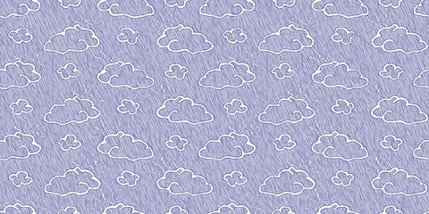Baby blue doodle cloud seamless border. Whimsical hand drawn decorative newborn nursery design. Fresh classic simple nordic boy style.