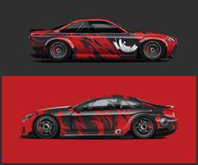 Two Red and Black Custom Race Cars with Abstract Designs
