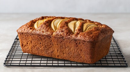   A loaf of bread with apple slices on a white table against a white background and placed on a cooling rack