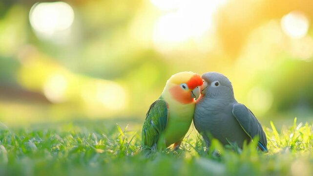 Close-up video angle of two colorful parrots on grass, bathed in warm sunlight, capturing a serene and intimate moment in nature. Live desktop wallpaper.