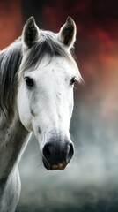 Obraz premium White horse stands majestically against a blurred background of autumn colors in a serene environment