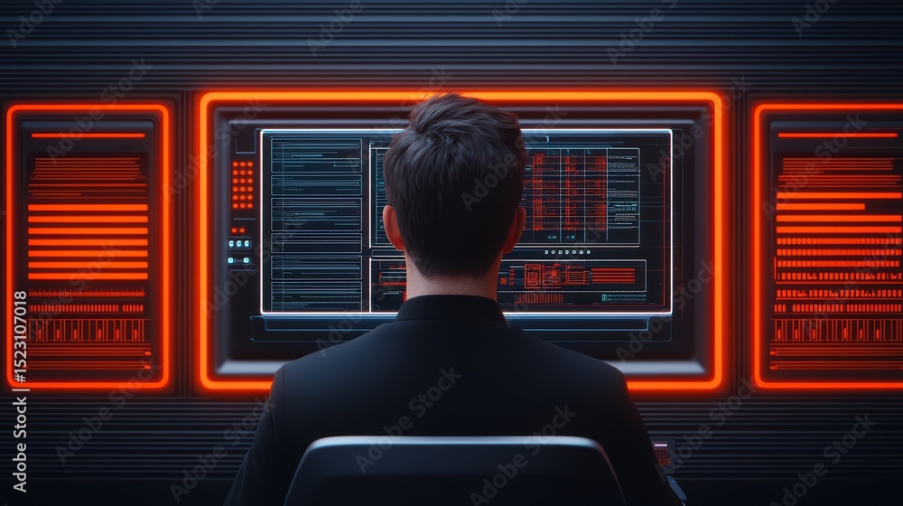 Poster person analyzing data on futuristic computer screen in a dark environment with neon accents and high