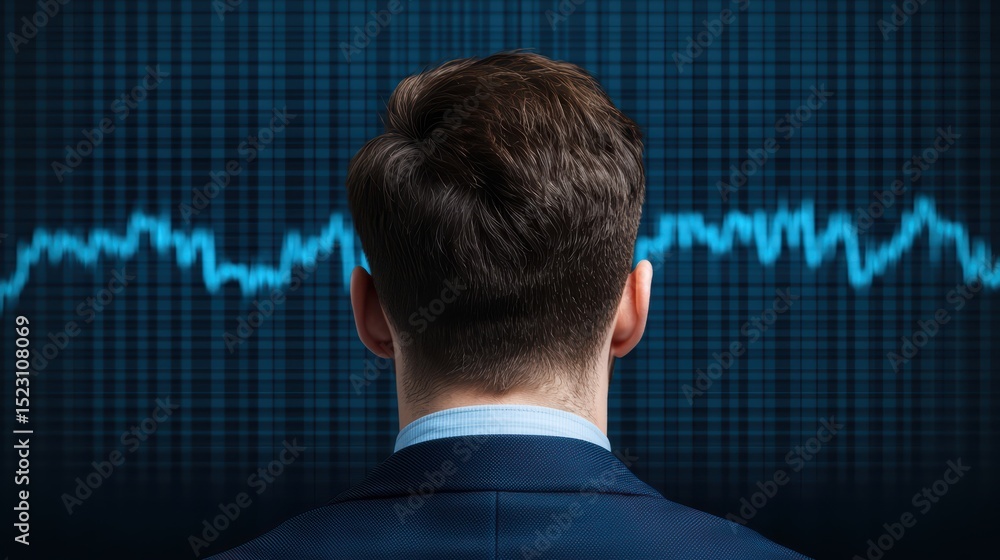 Poster businessman analyzing data trends with background of blue analytics visualization in modern office e