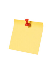 Sticky post it note with red pushpin isolated on white