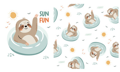 Set of vector prints for printing on children's products. Cute sloth floating in an inflatable circle, caption. Seamless vector pattern. Vector illustration