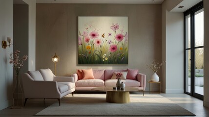 Large floral art piece in a modern living room