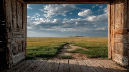 Fototapeta premium A wooden doorway frames a scenic view of an open field under a dramatic sky with scattered clouds.