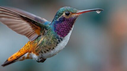Fototapeta premium A vivid hummingbird soaring in the air with water droplets on its wings against a hazy backdrop