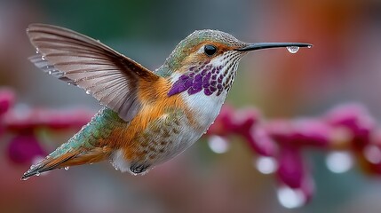 Fototapeta premium A bird perched on a tree branch with droplets glistening on its feathers against a fuzzy backdrop