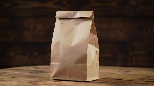A brown paper bag stands on a wooden surface with a wooden background