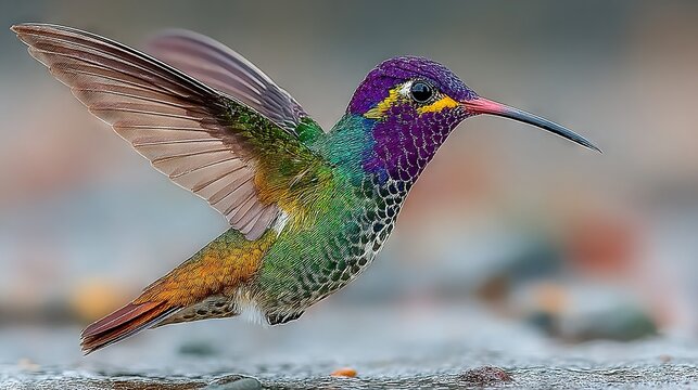   A vibrant hummingbird with spread wings perched on a rock amidst a fuzzy backdrop