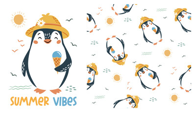 Set of vector prints for printing on children's products. Cute penguin in sun hat holding an ice cream cone, caption. Seamless vector pattern. Vector illustration