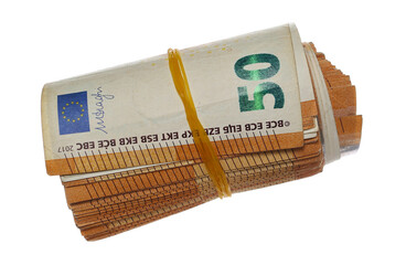 Money roll flying, rolled up fifty euro banknotes, bills tied up with rubber band isolated on white...