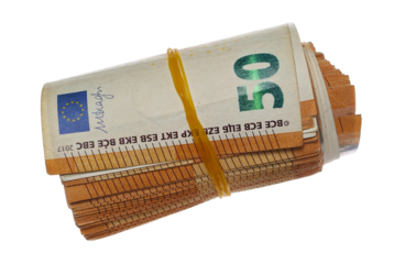 Money roll flying, rolled up fifty euro banknotes, bills tied up with rubber band isolated on white background