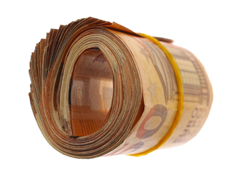 Money roll flying, rolled up fifty euro banknotes, bills tied up with rubber band isolated on white background