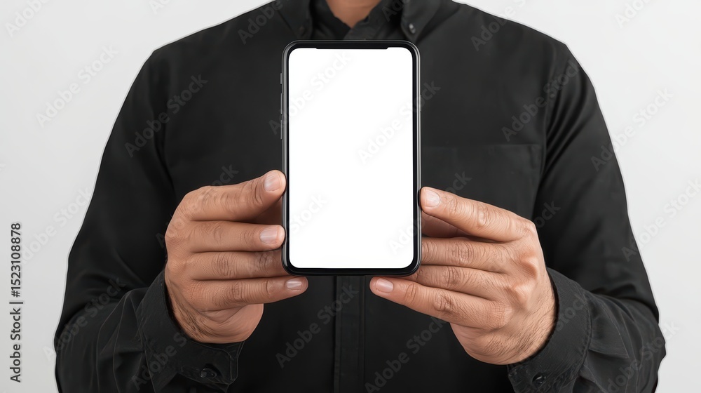 Poster man in black shirt holding smartphone with blank screen ready for customization and display on a lig