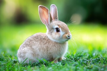 Fototapeta premium Cute young rabbit sits in green grass during springtime