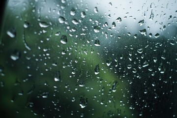 Raindrops on a window overlooking lush greenery during a rainy day