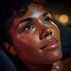 Close-Up Portrait of Relaxed Black Woman with Glowing Skin and Peaceful Expression