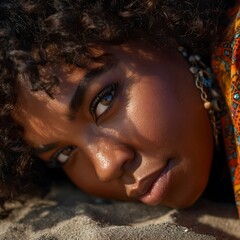 Close-Up of a Beautiful Black Woman Lying on the Sand with Intense Look