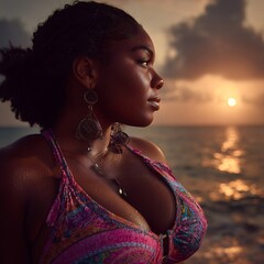 Black Woman Watching the Sunset at the Beach – Profile Portrait