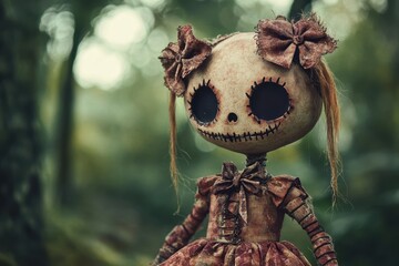 Naklejka premium Uniquely crafted doll in an enchanting forest setting with eerie charm