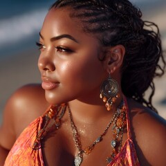 Elegant Black Woman at the Beach with Braided Hair and Statement Jewelry