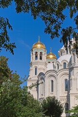 Kronstadt, Russia, September 5, 2024. The side of the Naval Cathedral with a bell tower.                              