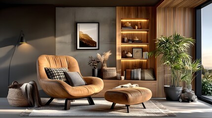 Stylish interior corner with soft armchair and plants high resolution image