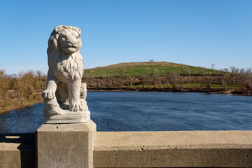 Lion statue on bridge over the Cedar River in Cedar Rapids, Iowa