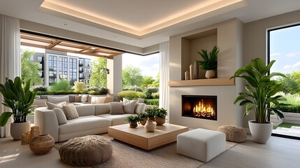 Stylish living area with built-in fire design high resolution image