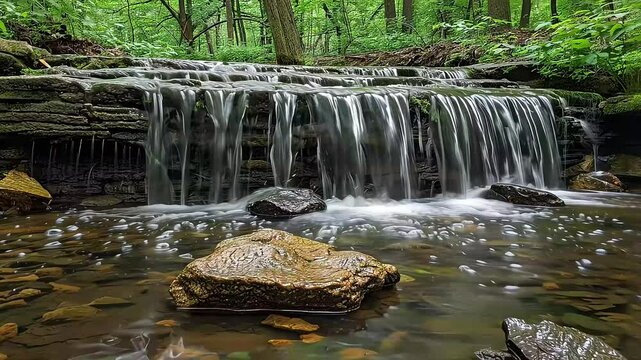 Cascading waterfall in a serene woodland stream footage