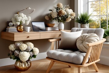 Stylish work chair environment with indoor plants and books high resolution image