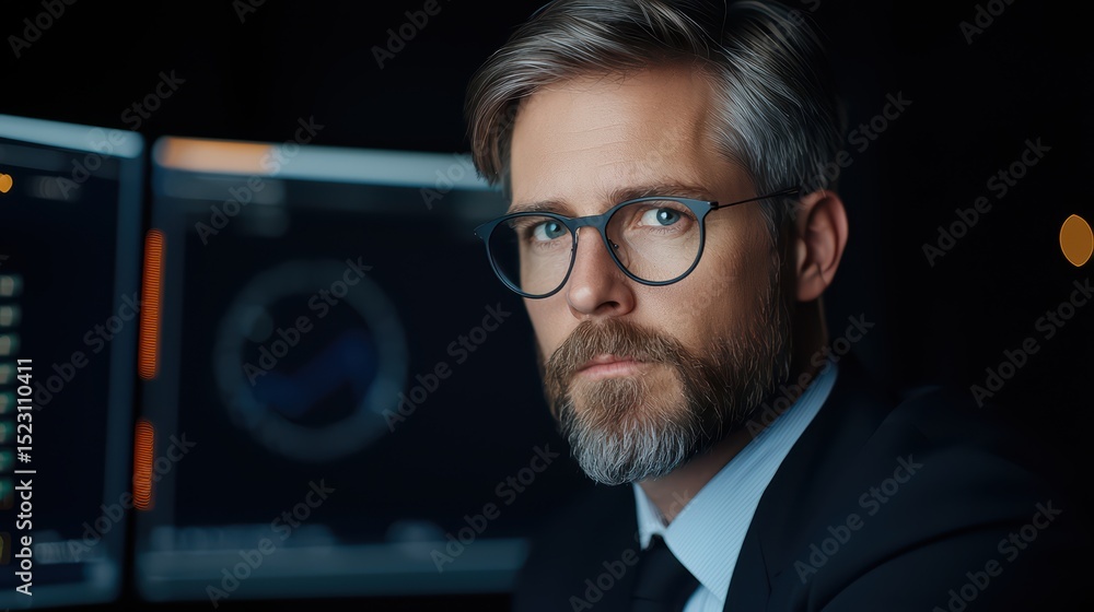 Poster professional man with glasses in dark office setting analyzing data on monitors with serious express
