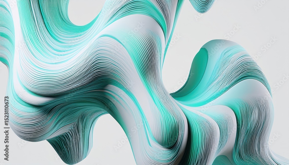 Poster fluid teal and white abstract waveform with layered paper cut effect and flowing contours for modern web design, branding accent, or editorial layout with dynamic motion and depth

