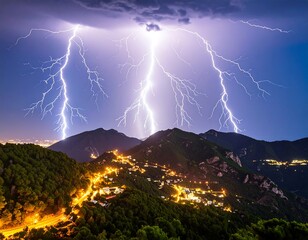 Mountain town illuminated by storm