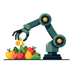 Robotic Arm Sorting Fresh Produce: Apples, Oranges, and Leafy Greens Illustration for Automated Agriculture