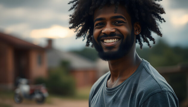"A joyful Afro man standing confidently in a sunny outdoor setting.", dramatic. White tone