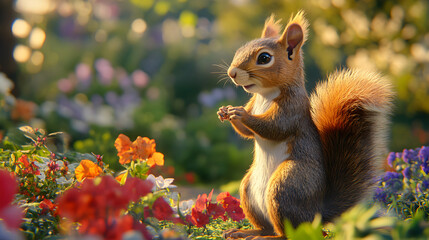 una ardilla parada comiendo entre las flores en un hermoso jardin al aire libre en la naturaleza