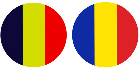 Romania Official flag with CHAD national flag, both countries flags in Round shape and isolated on white background
Circular colorful design Flag with together.