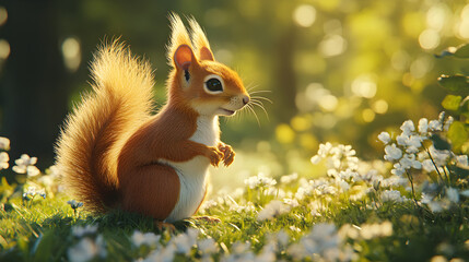 una ardilla alerta parada sobre un campo de flores blancas pequeñas entre la hierba en un campo al aire libre en un jardin en un dia soleado animales silvestres 
