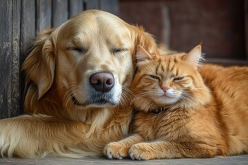 Golden retriever and orange cat resting together in cozy home environment during afternoon