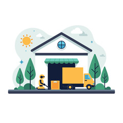 Obraz premium Delivery Service Illustration: Worker Loading Boxes onto a Truck at a Warehouse for Fast Shipping