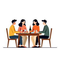 Illustration of Four People Dining Together at a Table with Food and Drinks, Enjoying a Meal