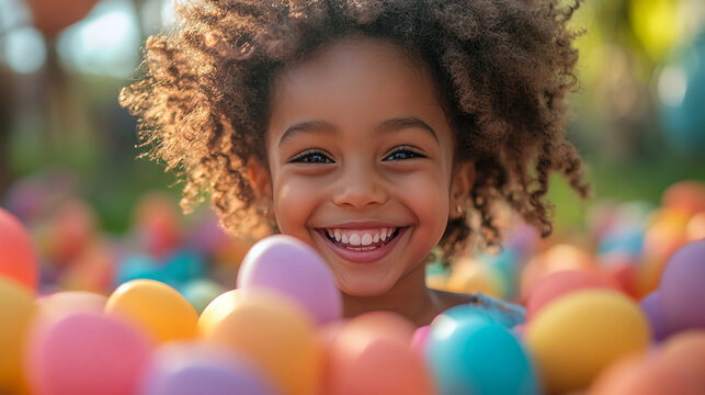 Happy easter african american girl smiling with easter eggs hunt celebration spring holiday kids child portrait