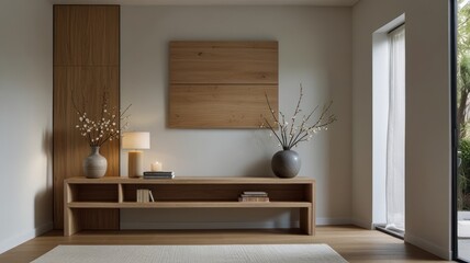 Fototapeta premium Light-filled entryway with warm wood tones.