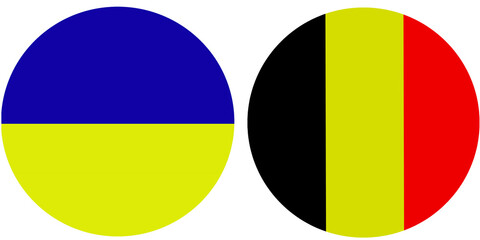 Fototapeta premium Ukraine Official flag with Belgium national flag, both countries flags in Round shape and isolated on white background Circular colorful design Flag with together.