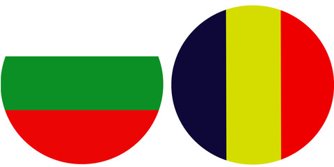Bulgaria Official flag with Romania national flag, both countries flags in Round shape and isolated on white background
Circular colorful design Flag with together.